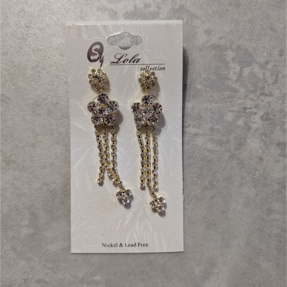 Lola Collection By Sy Gold Tone Flower Dangle Drop Earrings Clear White Stones
